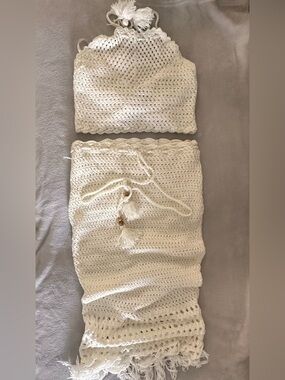 Fashion Nova Crochet Skirt Set Cream Boho Tassel